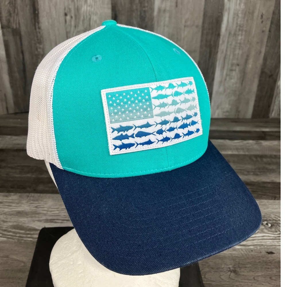 Columbia PFG Mesh Snapback Hat Teal Navy Fish American Flag Trucker Cap One Size